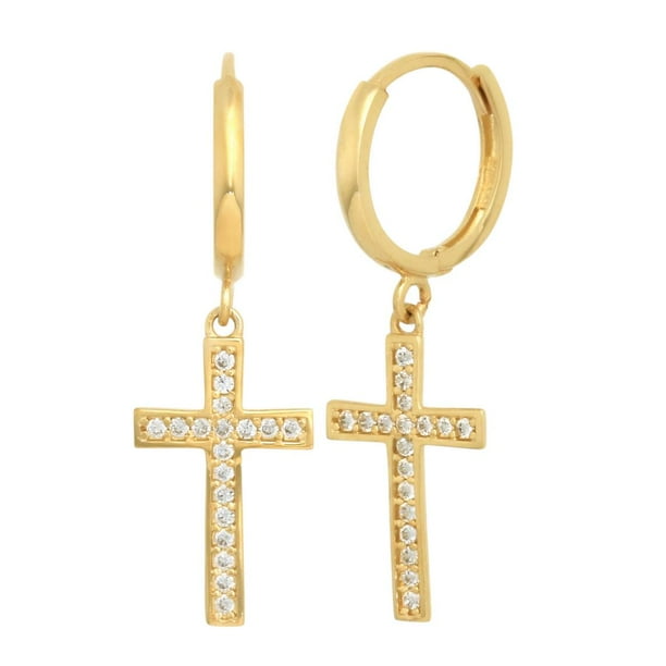 14k Yellow Gold Religious Cross Dangling Drop Earring Red Created CZ Crystals 14k Yellow Gold Religious Cross Dangling Drop Earring Red Created CZ Crystals